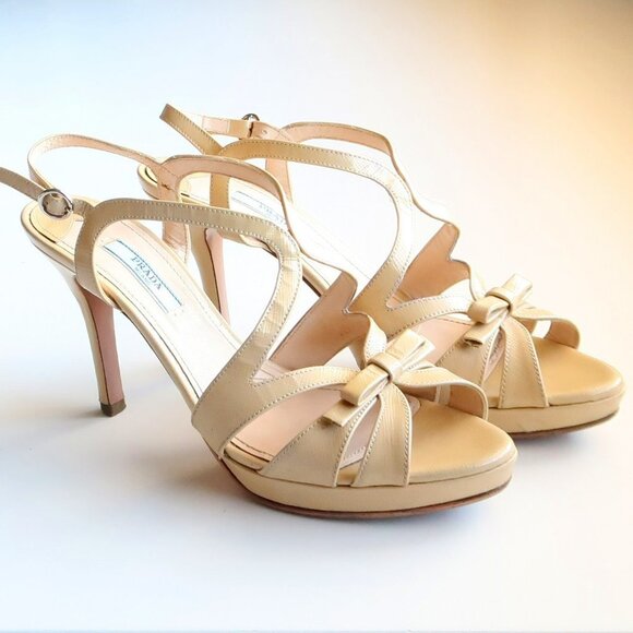 Prada Pale Yellow Patent Leather Strappy Platform Heels Sandals w Bow Size 7.5 - Picture 14 of 16